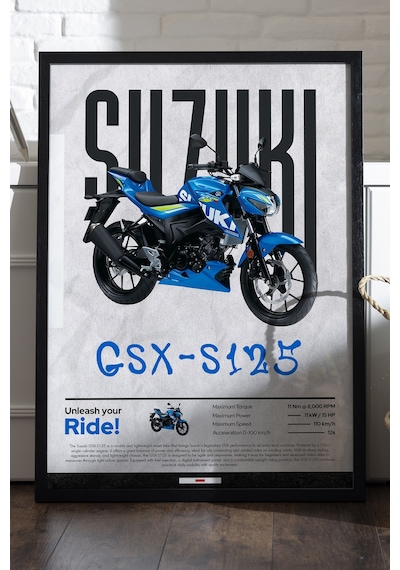 Suzuki Gsx-s 125 Siyah Ahşap Çerçeveli Poster, Dekoratif Motosiklet Duvar Tablosu