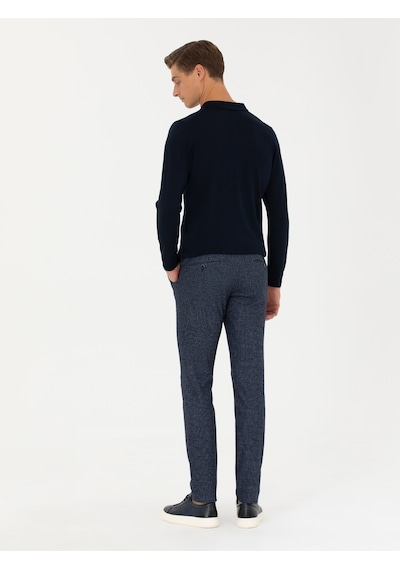 Cacharel Lacivert Ex. Slim Fit Yün Kaşmir Karışımlı Beli Bağcıklı Çizgili Kumaş Pantolon