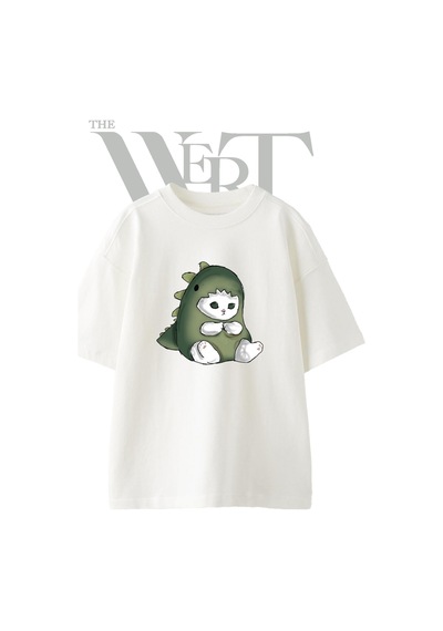 Thewert Dinozor Kedi Tasarım Baskılı Ünisex Beyaz Oversize T-shirt