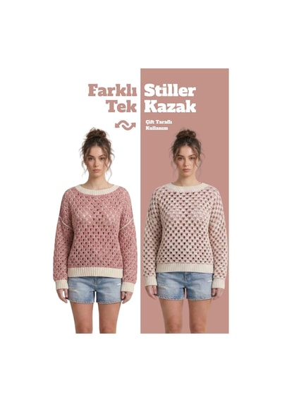 Neden Tekstil Çift Taraflı Triko Kazak Özel Tasarım İki Yönlü Kullanımlı File Dokulu Kazak - Pembe-beyaz Neden Tekstil Çift Taraflı Triko Kazak Özel Tasarım İki Yönlü Kullanımlı File Dokulu Kazak - Pembe-beyaz
