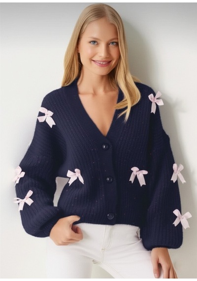Flex Fashıon Kadın Oversize Fiyonk Detaylı Kurdaleli Yumoş Triko Hırka Lacivert - 708830991 Lacivert - 708830991 Lacivert