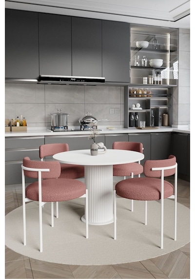 Avvio Sweet Pink Dreams Ptt Lake Mdf Ayak 4'lü Teddy Sandalye 90x90 Masa Sandalye Takımı Bukle Kumaş Beyaz