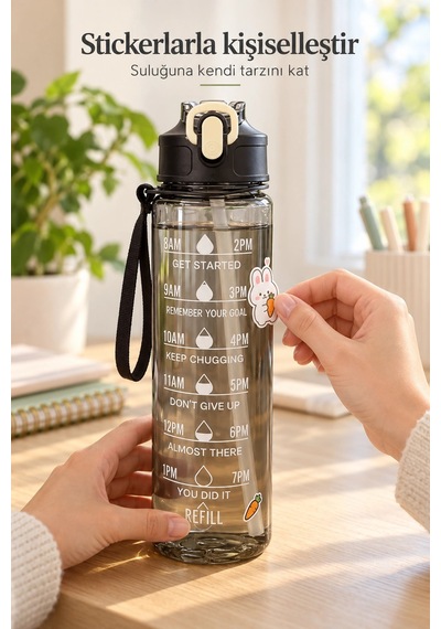 Madamev 3lü Motivasyonel Suluk Matara Seti 2000+750+280ml Pipetli Sticker Askılı Spor Okul Su Şişesi Siyah