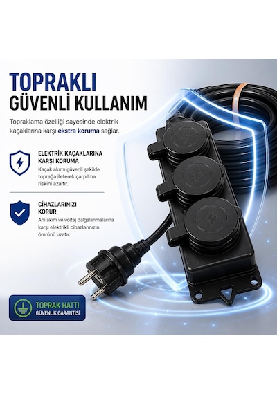 Ayrex 3'lü Grup Priz 3x2.5mm Ttr Topraklı Siyah Kauçuk Uzatma Kablosu 10 Metre 0