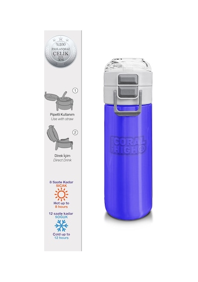 Coral High 500 Ml Pipetli Ve Direkt İçim Çelik Termos/matara - Erkek Çocuk - Açık Mor Çok Renkli