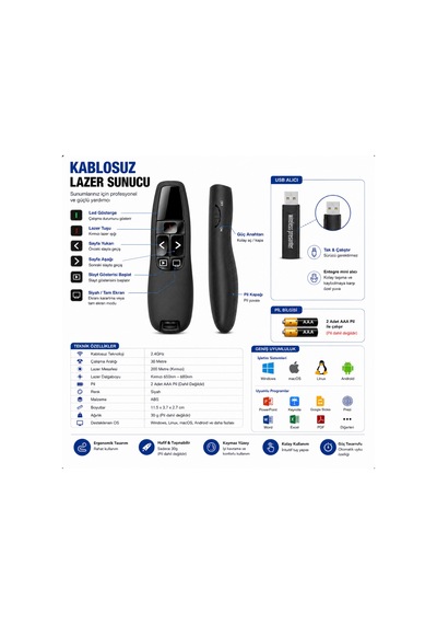 Kablosuz Lazer Sunum Kumandası 30m Powerpoint Presenter Usb Lazer Pointer 200m