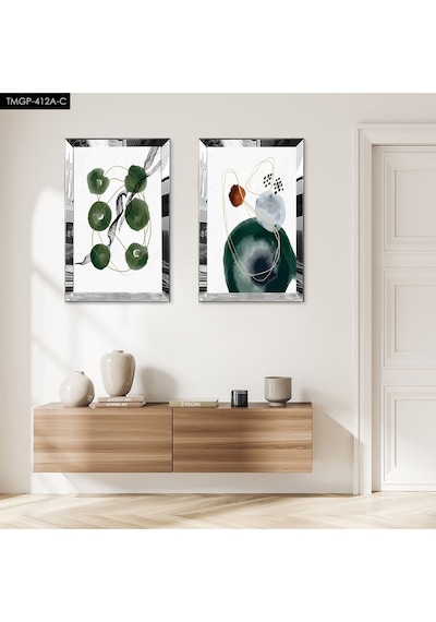 Gümüş Aynalı Pleksi Çerçeveli Beyaz Arka Planlı Kapalı Yeşil Şekiller Modern İkili Mdf Tablo Seti