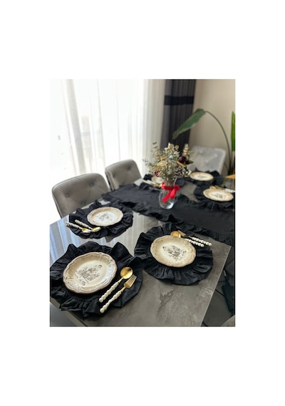 Morlay 7 Parça Fırfırlı Sofra Sunum Seti 6 Adet Amerikan Servisi Supla + 1 Adet Fırfırlı Runner - 40x110 Cm Siyah