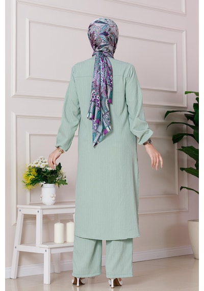 Sevitli Yırtmaç Detaylı Tunik Pantolon Takım-mint Yeşili-4862