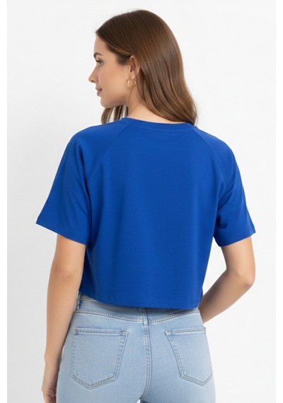 Soft&Basic Kadın Nakışlı Regular %100 Organik Pamuk Yuvarlak Yaka Kısa Crop T-shirt Mavi