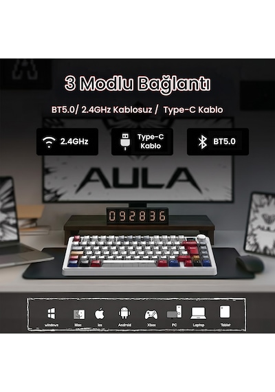 Aula F75 Max Mekanik Gaming Oyuncu Klavyesi Tkl Rgb Graywood V4 Switch Kablosuz Makrolu Hot Swap Türkçe Q Comic 14413384