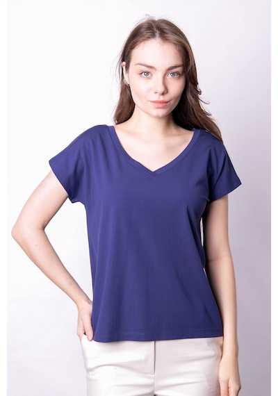 Likralı Şık Span Kumaş Ön Arka V Yaka Düşük Omuzlu Bluz-indigo İndigo