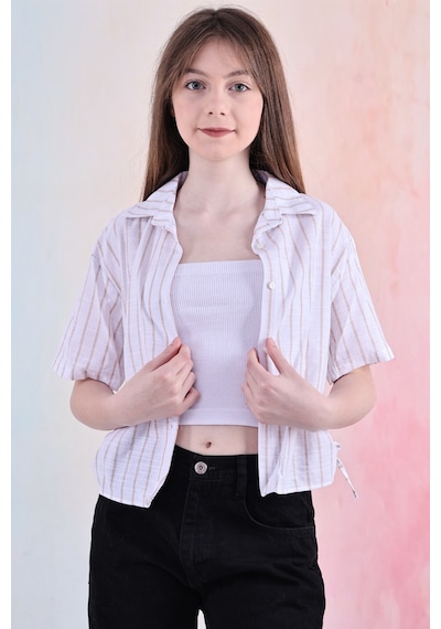 Kız Çocuk Büzgü Detaylı-çizgi Desenli Crop Gömlek 6-14 Yaş 12251 Açık Kahve