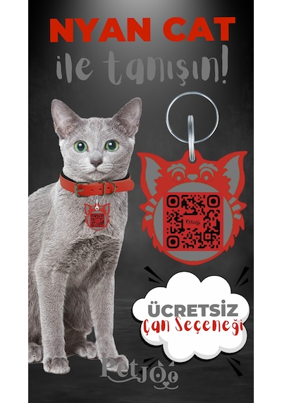 Petjoo 2.Nyan Cat Gri-Kırmızı Qr'lı Kedi Künyesi