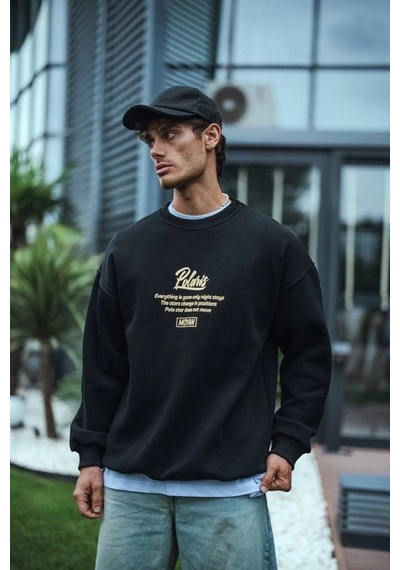 Kışlık Bisiklet Yaka Ön Ve Arka Baskılı Sweatshirt - Siyah - Siyah
