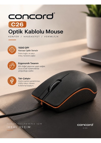 C-26 Optik 1000 Dpı Usb Kablolu Mouse Ergonomik Ofis Ve Bilgisayar Faresi