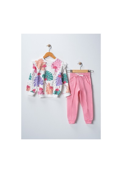 Veramoni Kız Çocuk Flamingo Baskılı Uzun Kollu Eşofman Sweatshırt Takım Toz Pembe
