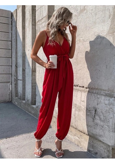 Efnaz Style Kadın Ip Askılı Kruvaze Yakalı Belden Kuşaklı Uzun Sandy Tulum Kırmızı Efnaz Style Kadın Ip Askılı Kruvaze Yakalı Belden Kuşaklı Uzun Sandy Tulum Kırmızı