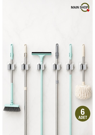 Mainshop 6 Adet Duvar Mop Süpürge Askı Aparatı - Yapışkanlı Delmesiz Paspas Tutucu M-310 Beyaz