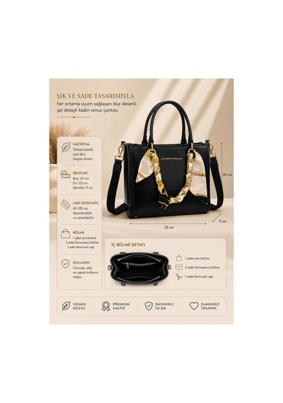 Just Polo Orijinal Kadın Omuz Ve Çapraz Askılı Zincir Detaylı Günlük Veya Özel Kullanıma Uygun Lüks Kol Çantası Shopper 25x20x9 Cm Siyah