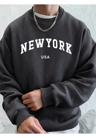 Startmore Startmorenew York Abd Mektup Baskılı Erkek Sweatshirtleri Kışlık Bisiklet Yaka Kapüşonlu Sokak Stili P Antrasit