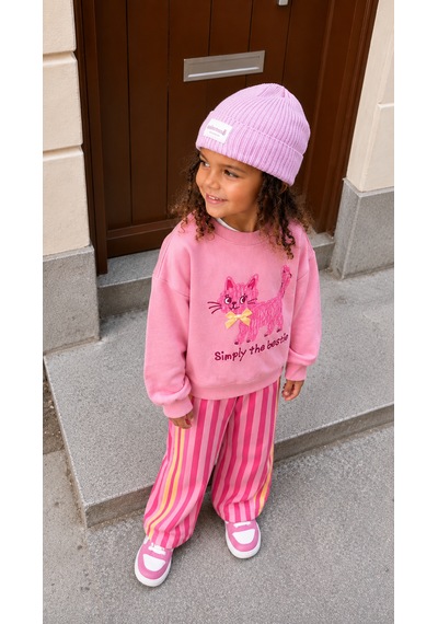 Elzo Collection Kız Çocuk Pembe Kedi Baskılı Swearshirt Çizgili Eşofman 3 İplik Kumaş Alt Üst Takım Elzo Collection Kız Çocuk Pembe Kedi Baskılı Swearshirt Çizgili Eşofman 3 İplik Kumaş Alt Üst Takım