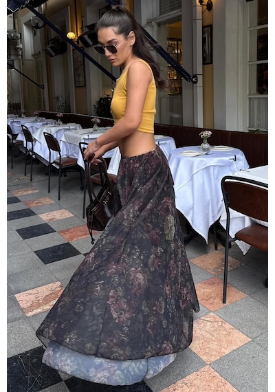 Madmext Siyah Çiçek Desenli Vintage Şifon Maxi Etek Mg2776