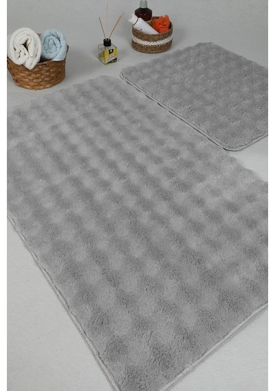 Modern Bubble Yıkanabilir Kaymaz Peluş Banyo Paspası Halısı 2'li Klozet Takımı 50x80-50x40cm Gri Çok Renkli