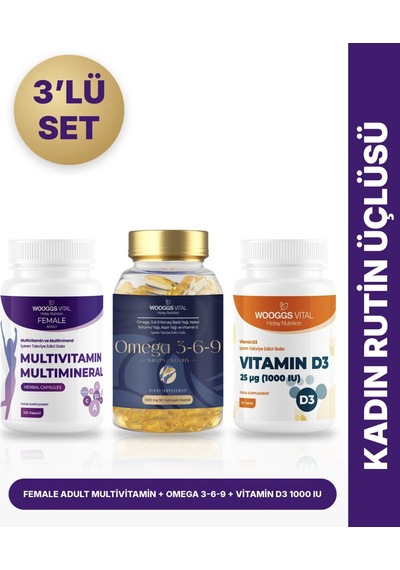 Hotay Nutrition Wooggs Vital Female Adult Multivitamin 120 Kapsül + Omega 3-6-9 90 Kapsül + Vitamin D3 1000 Iu 3'lü Set