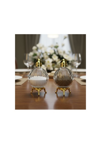 2 Li Origami Model Gold Renk Metal Ayaklı Cam Tuzluk Takımı Sarı