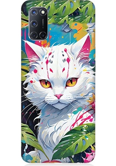 Oppo A52 Uyumlu Beyaz Kedi Ve Ejder Meyvesi Desenli Silikon Kılıf