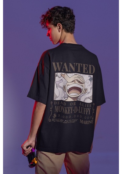 Wanted Monkey D. Luffy Sırt Baskılı Unisex Oversize One Piece Ani Siyah