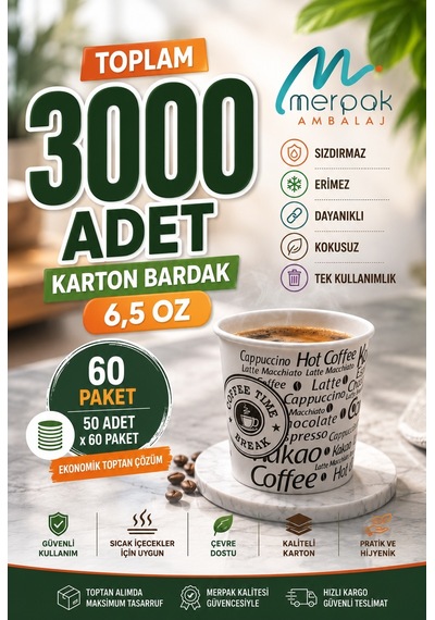 Karton Bardak 6,5 Oz 3000'li Sızdırmaz Erimez Kağıt Bardak