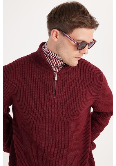 Tudors Erkek Slim Fit Dar Kesim Fermuarlı Bordo Dik Yaka Triko Kazak-34925 Bordo