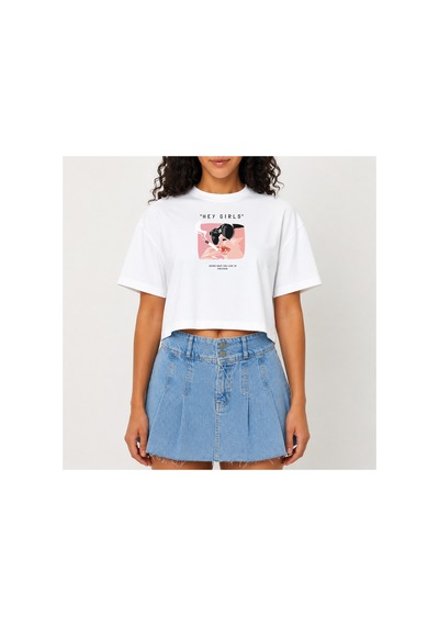 Urbantrendstore Crop Tişört Beyaz Hey Girl Baskılı Rahat Kesim Raw Cut Basic Kısa Tshirt Beyaz