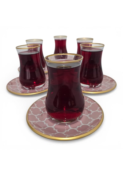 Sudedi Home Gerçek Altın Yaldızlı Pembe Desenli 6 Lı Cam Çay Bardağı Seti Pembe