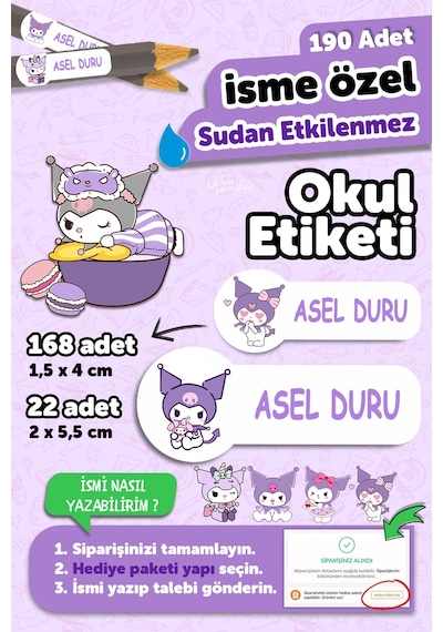 Okul Etiketi Kalem Defter İsimli Etiket Isim Yazılabilen Kuromi 2 - 190 Adet Özel Tasarım Etiket Çok Renkli