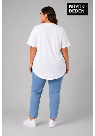 Superlife Büyük Beden Kadın Bisiklet Yaka Basic Oval Etek Detalylı 3xl-6xl Uzun Tunik Spr26btsk502 Beyaz