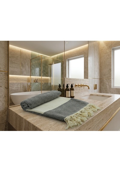 Ludıa %100 Pamuklu Diamond Desenli Saçaklı Siyah Peştemal 100x195 Cm Plaj Ve Banyo Havlusu