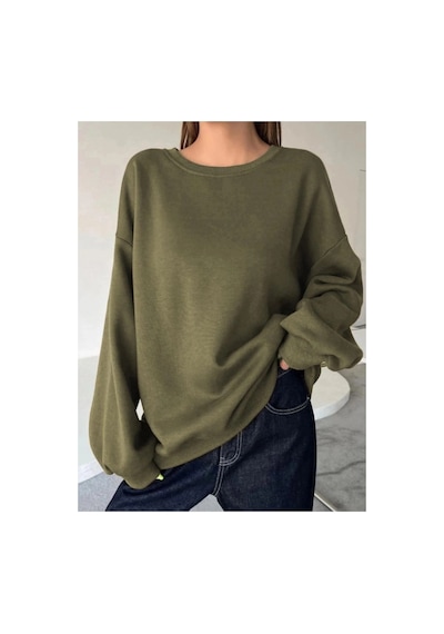 Freedom Storee Kadın Düz Bisiklet Yaka 3 İplik Sweatshirt - Yeşil Çok Renkli