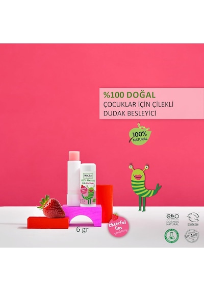 Incıa%100 Doğal Kids Dudak Besleyici Çilek Bitkisel Nemlendirici Dudak Bakım Kremi 6 G