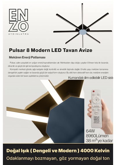 Pulsar Füme Modern Led Tavan Avize - Aşağı Işık Kumandalı Dim Edilebilir Doğal Işık