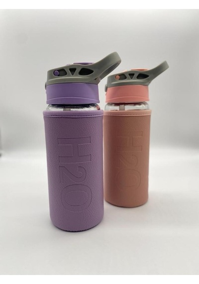 Deri Kılıflı Pipetli Cam Matara - 500 Ml-h2o87152 Lila - Lila