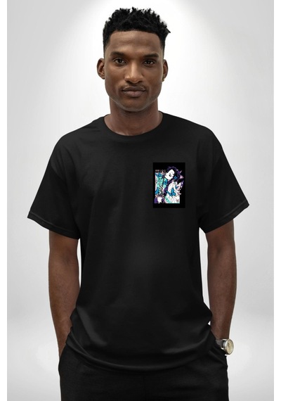Shinobu Kocho Demon Slayer Siyah Oversize Unisex Ön Sol Yan Minimal Baskılı Tişört Koyu Siyah