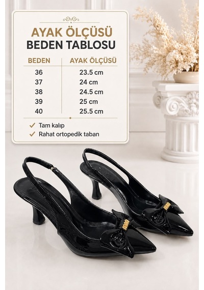 Dabab Shoes Kamıla Kadın Siyah Fiyonk Detaylı Rugan Sivri Burun Slingback 7 Cm İnce Topuklu Ayakkabı