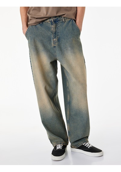 Koton Pamuklu Cepli Oversize Normal Bel Bol Skater Jean Pantolon Petrol 6sam40369nd