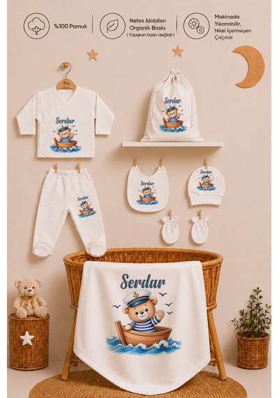 Pia Baby Erkek Bebek Hastane Çıkışı Hediye Seti 8 Parça Zıbın Set %100 Pamuk Battaniye Yastık Ve Kese 1102zybk3x Ekru