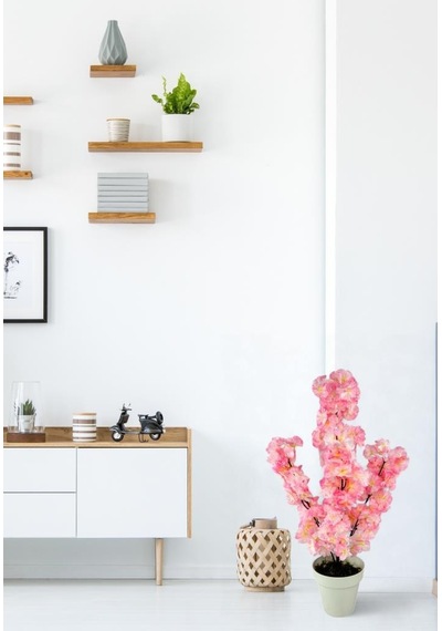 Yapay Ağaç Bahardalı Ağacı Pembe Japon Kiraz Çiçeği Sakura Çiçeği 70cm Beyaz Plastik Saksılı