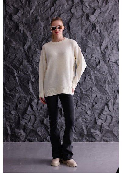 Qscob Bisiklet Yaka Oversize Basic Triko Kazak Bej