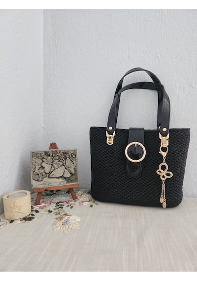 Fikriharika Design Gucci Model, Gold Detaylı, Metalik Siyah, Kadın El Çantası Siyah - Altın